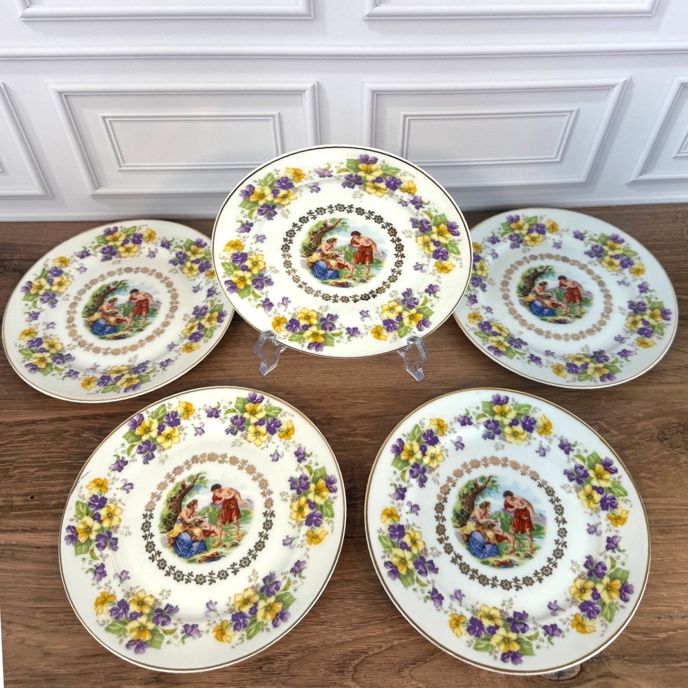 VTG Set of 5 Bavaria CICO Germany Floral Garden Scene Angel 6 3/8" Bread Plates